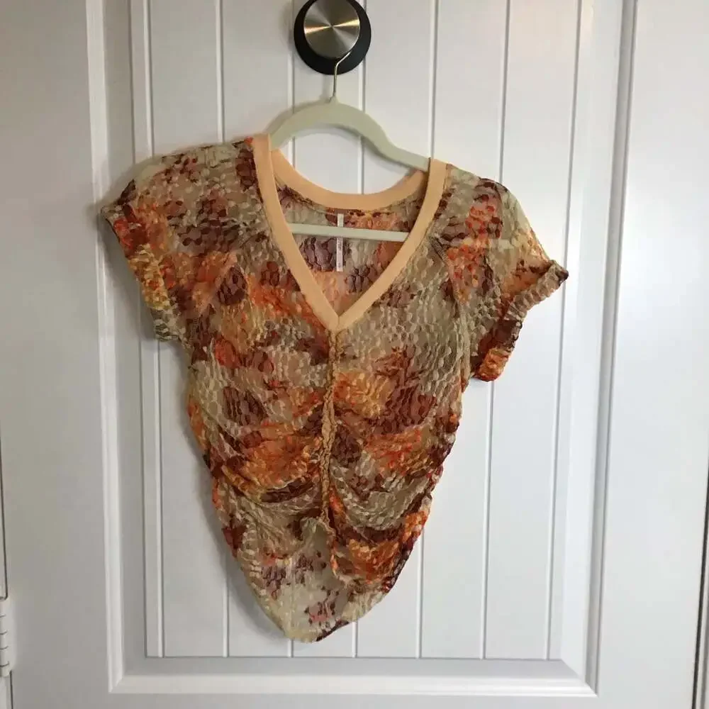 Free People Solana Sheer Ruched Lace V-Neck Crop Top Size Small Boho Festival